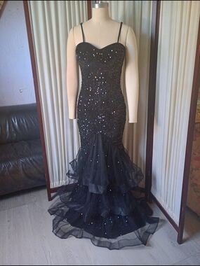Vintage 90s Black Sequin Mermaid Evening Dress xs